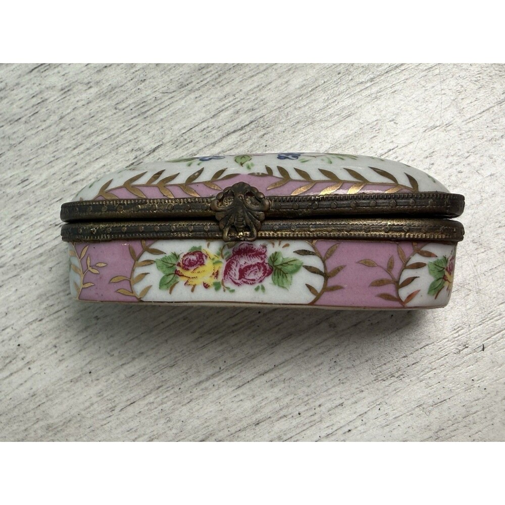 Vintage MCM Limoges Style Hand Painted Floral Oval Trinket or Pill Box Unsigned